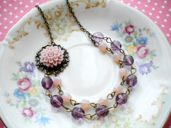 Purple Flower Cabochon Necklace