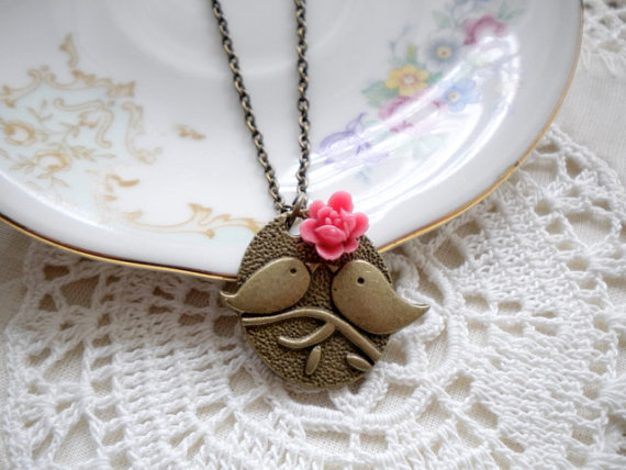 Kissing Couple Pendant - Bird Necklace - Pink Flower Necklace